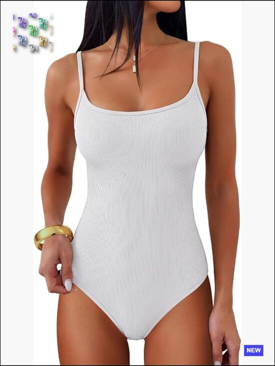 Other - Square Neck Spaghetti Strap Cami Bodysuit Sleeveless Ribbed Knit Basic Skinny